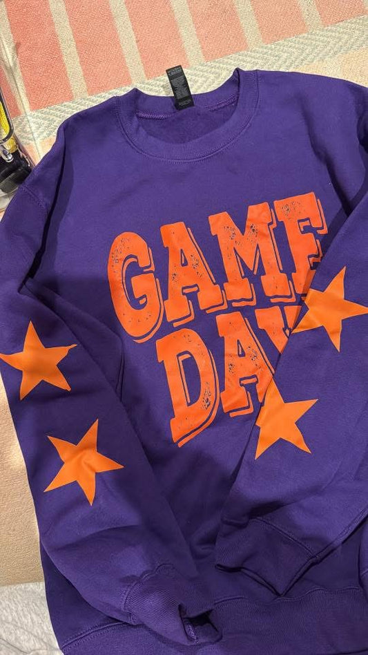 Purple & Orange Game Day Sweatshirt: MEDIUM (slight mess up on the sleeve)