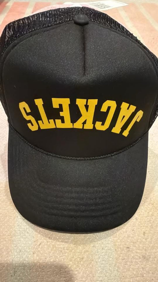 Upside Down Jackets Hat: black, yellow writing