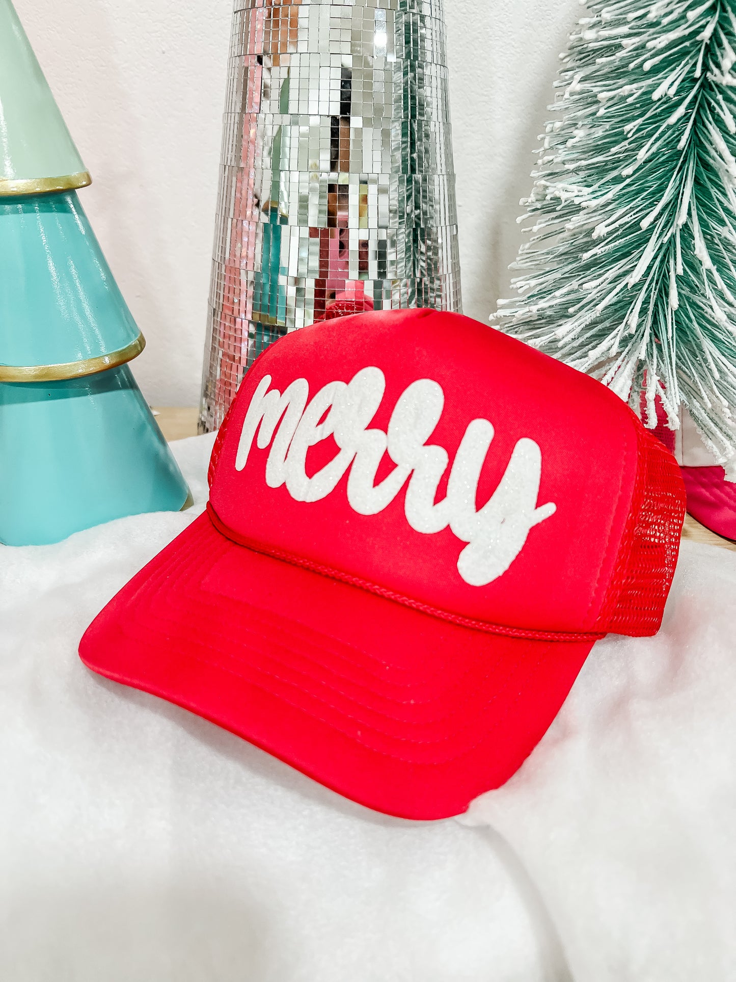 Cursive MERRY Christmas Puff Trucker Hat