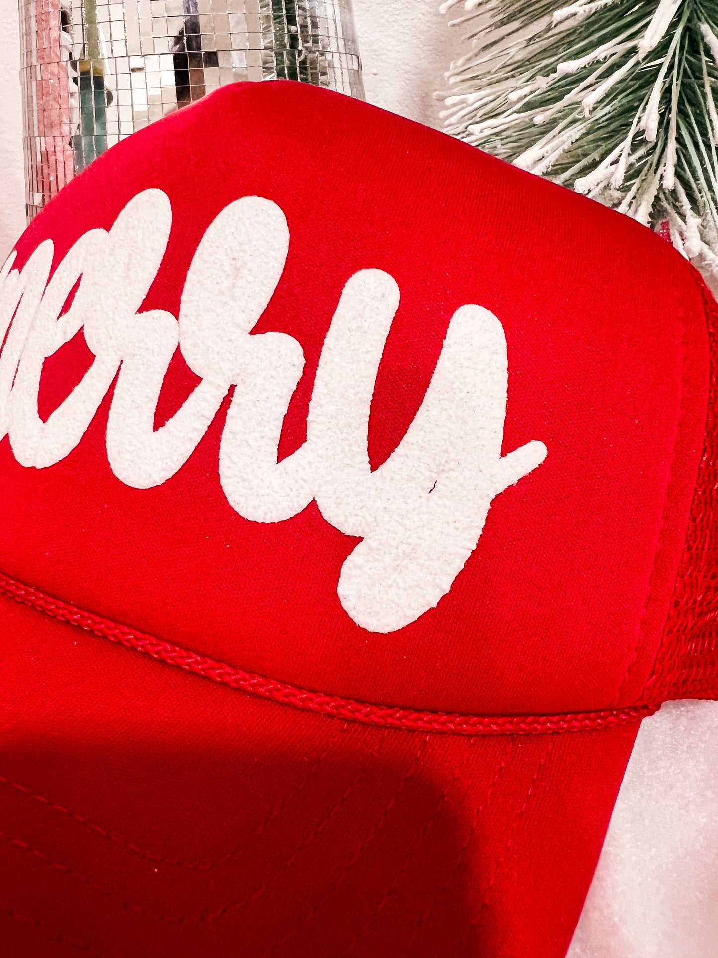 Cursive MERRY Christmas Puff Trucker Hat